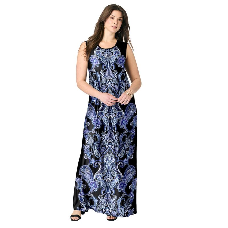 ロアマンズ レディース トップス ワンピース プラスサイズ ノースリーブ マキシ Roaman's Women's Plusize Ultrasmooth Fabric Sleeveless Maxi Dress Black Mirrored Paisley ブラック｜ReVida 店