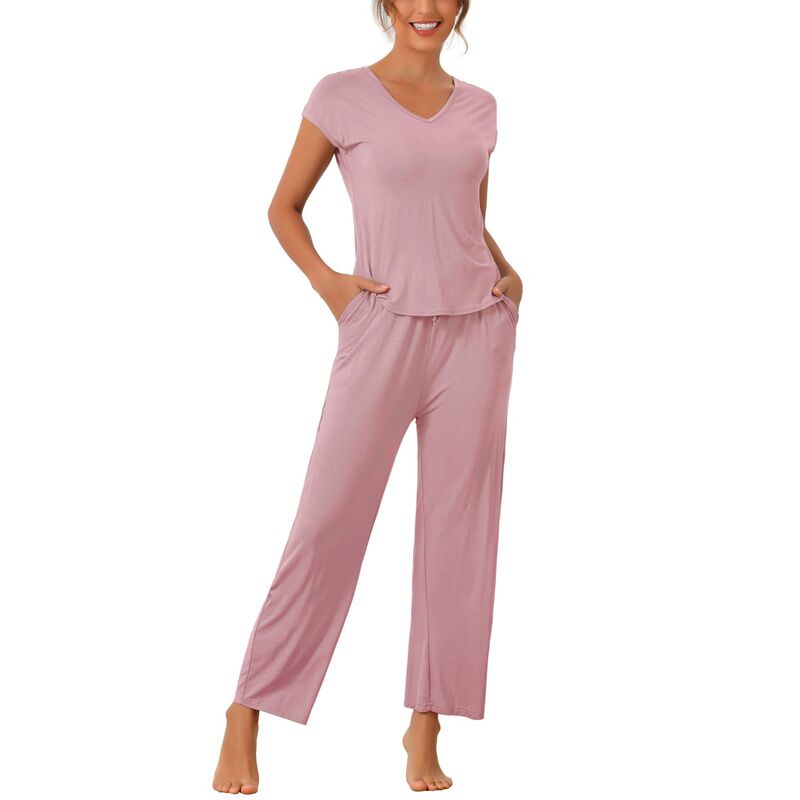 cheibear レディース アンダーウェア ナイトウェア パンツ cheibear Womenshort Sleeve Modal Casual Set Pajama 2 Piece Loungewear Long Pantsweatsuit Pink ピンク