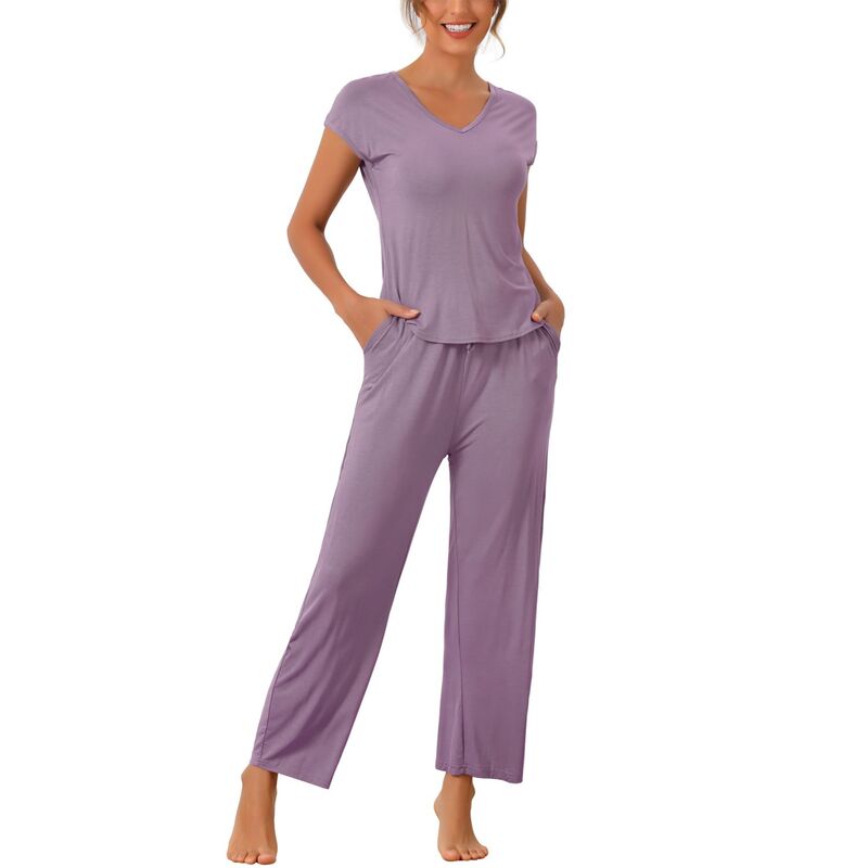 cheibear レディース アンダーウェア ナイトウェア パンツ cheibear Womenshort Sleeve Modal Casual Set Pajama 2 Piece Loungewear Long Pantsweatsuit Purple パープル