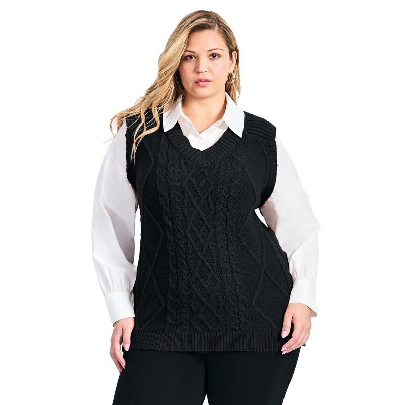 アベニュー レディース アウター ニット・セーター プラスサイズ ベスト Avenue Women's Plusize Veronica 2Fer Cable Vest Black ブラック