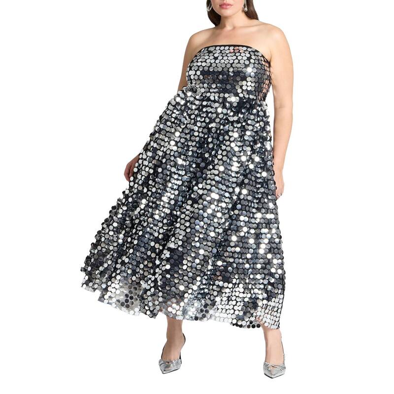 エロクイ レディース トップス 衣装 付け加える大いさ スコート ELOQUII Women\u0027s Plusize Paillette Dress With Big Skirt Silver しろがね色 ワンピース-レディースファッション