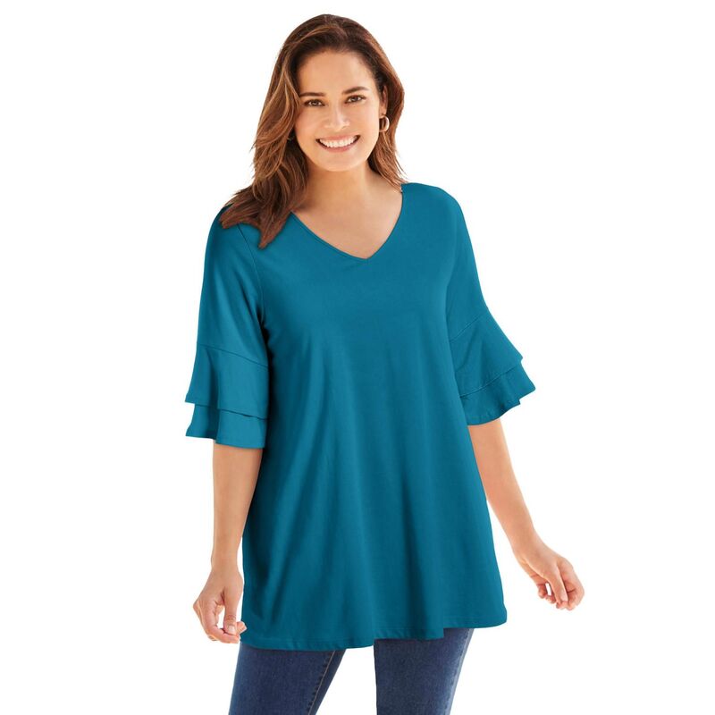 ウーマン ウィズイン レディース トップス Tシャツ プラスサイズ フリル Woman Within Plusize Ruffled Elbow-Sleeve Tunic Deep Teal ティール