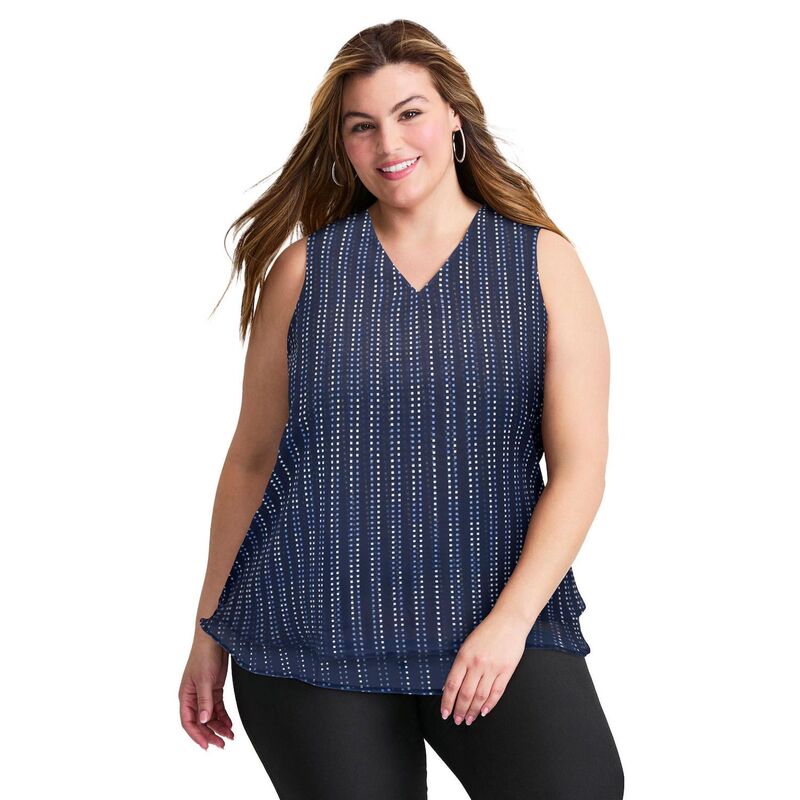 アベニュー レディース トップス Tシャツ プラスサイズ ノースリーブ Avenue Women's Plusize Sleeveless Double Layer Swing Tank Navy Stripe Dot ネイビー