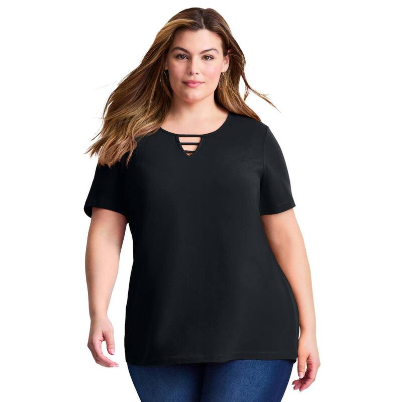 アベニュー レディース トップス シャツ プラスサイズ Avenue Women Plusize Triple Keyhole Short Sleeve Tee Black ブラック