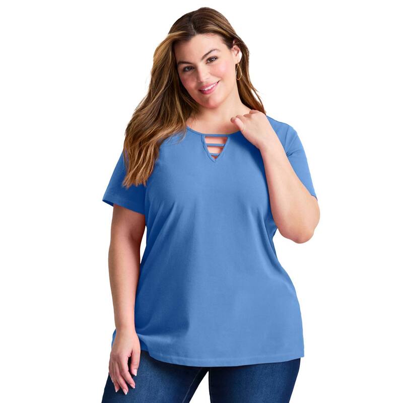 アベニュー レディース トップス シャツ プラスサイズ Avenue Women Plusize Triple Keyhole Short Sleeve Tee Horizon Blue ブルー