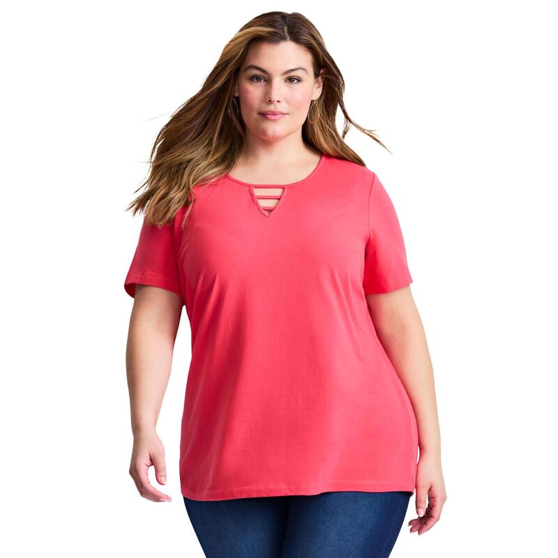アベニュー レディース トップス シャツ プラスサイズ Avenue Women Plusize Triple Keyhole Short Sleeve Tee Soft Geranium