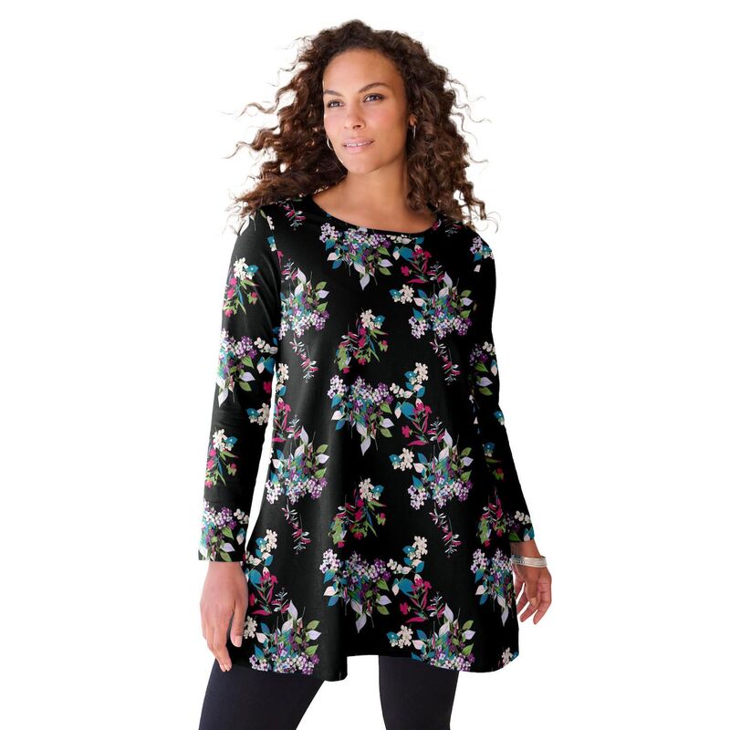 ロアマンズ レディース トップス Tシャツ クルーネック プラスサイズ Roaman's Women's Plusize Ultimate Long Sleeve Crew Neck Tunic Black Tossed Bouquet ブラック|ReVida 店
