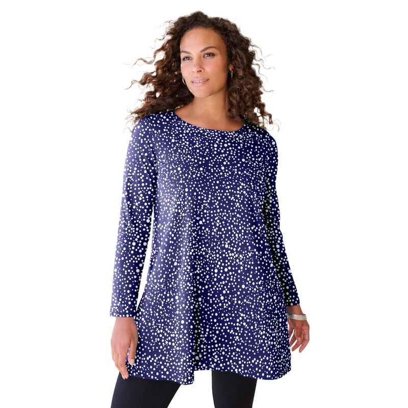 ロアマンズ レディース トップス Tシャツ クルーネック プラスサイズ Roaman's Women's Plusize Ultimate Long Sleeve Crew Neck Tunic Navy White Dot ホワイト|ReVida 店