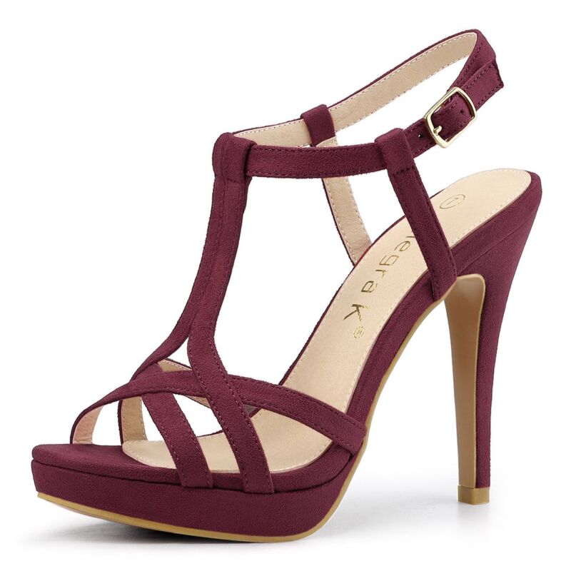 アレグラ ケー レディース シューズ パンプス プラットフォーム サンダル ヒール ALLEGRA K Women's T Strap Slingback Platform Stiletto Heel Sandals Burgundy バーガンディ