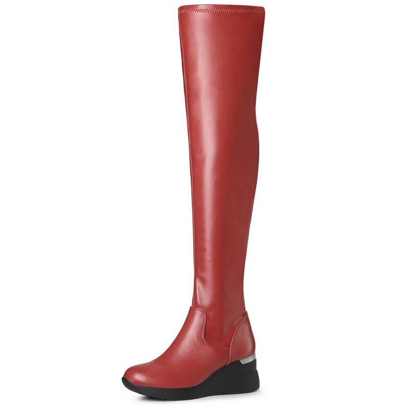 アレグラ ケー レディース シューズ ブーツ・レインブーツ プラットフォーム ヒール ALLEGRA K Women\'s Platform Wedge Chunky Heels Over the Knee Thigh Boots Red レッド