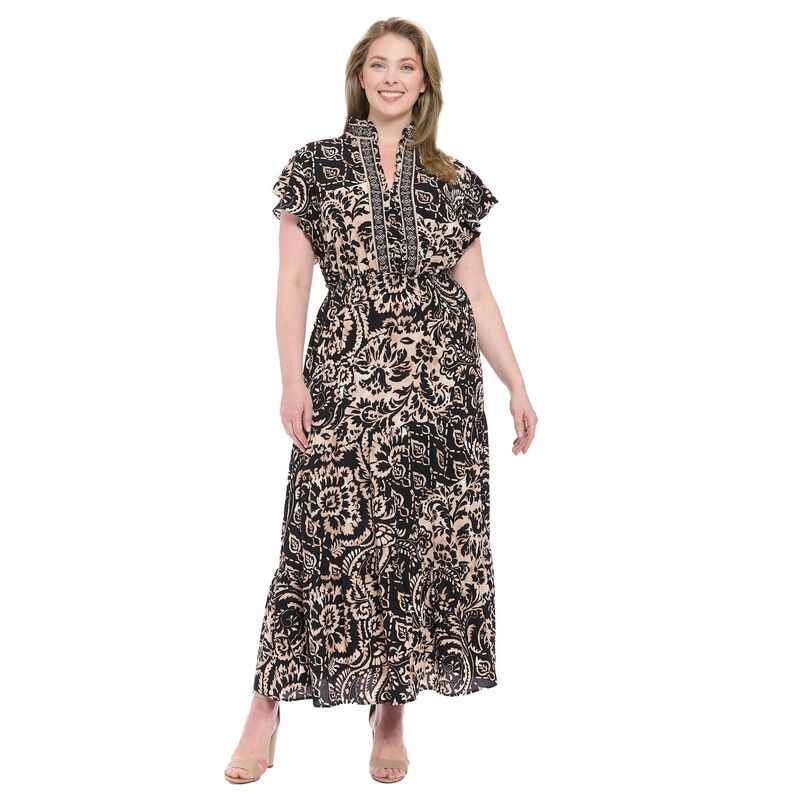 ロンドンタイムス レディース トップス ワンピース ティアード プラスサイズ フリル マキシ Plusize London Times Ruffle Neck Flutter Sleeve Tiered Maxi Dress Bone Black ブラック|ReVida 店