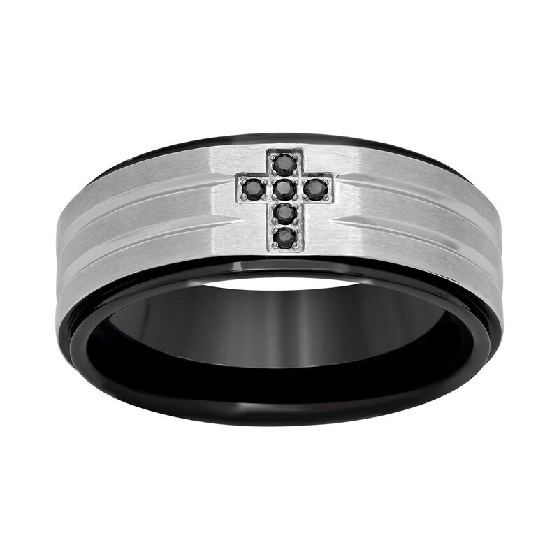 アンブランデッド メンズ アクセサリー リング Tシャツ Unbranded Black Diamond Accent Stainlessteel & Black Ion-Plated Stainlessteel Cross Grooved Band - Men Black ブラック