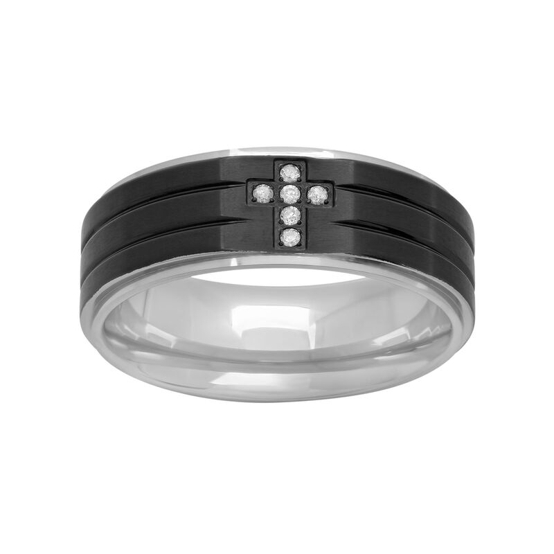 アンブランデッド メンズ アクセサリー リング Tシャツ Unbrandediamond Accent Stainlessteel & Black Ion-Plated Stainlessteel Cross Grooved Band - Men White ホワイト