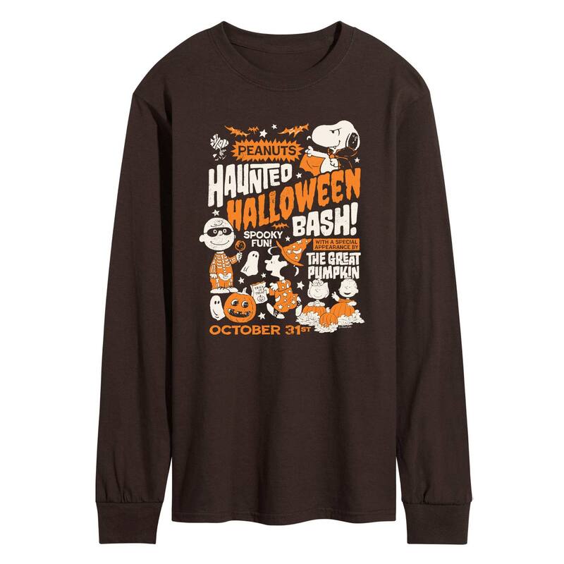 アニメキャラクター メンズ トップス Tシャツ グラフィック Licensed Character Men's Peanuts Haunted Halloween Bash Poster Long Sleeve Graphic Tee Dark Brown ブラウン