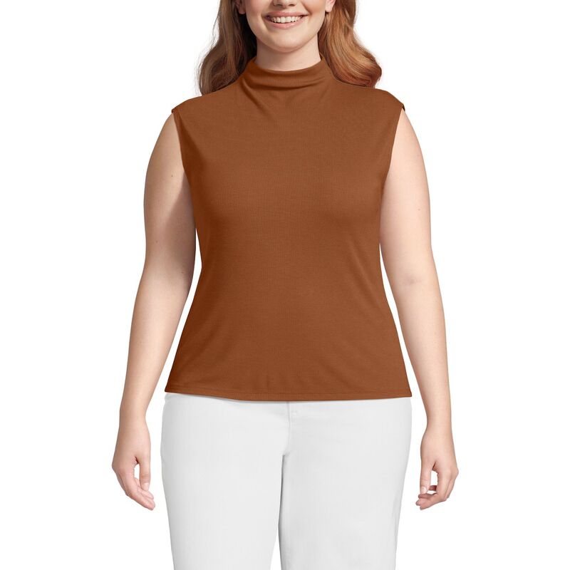 ランズエンド レディース トップス Tシャツ スタンドネック プラスサイズ キャップ Plusize Lands' End Cap Sleeve Drapey Rib Fitted Funnel Neck Tank Blarich Ginger Brownck