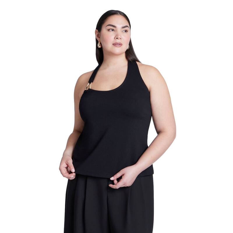 エロクイ レディース トップス Tシャツ プラスサイズ ホルター ELOQUII Women's Plusize Asym Halter Withardware Detail Black Onyx ブラック