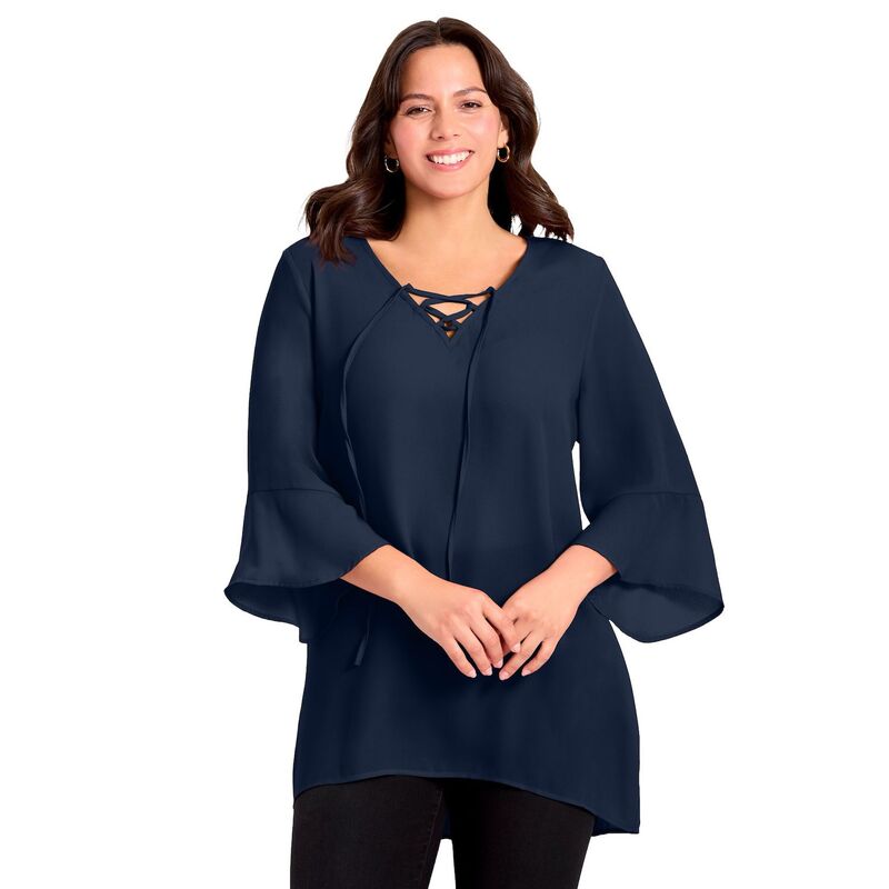 アベニュー レディース トップス ティーシャツ Vのど首 付け加える大いさ スピード競技 Avenue Women\u0027s Plusize V-Neck Lace-Up Bell Sleeve Tunic Navy 米国海軍 レディースファッション-トップス-Tシャツ・カットソー