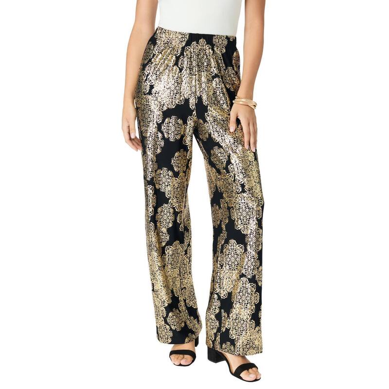 ロアマンズ レディース ボトムス カジュアルパンツ プラスサイズ Roaman's Women's Plusize Ultrasmooth Fabric Wide-Leg Pant Black Foil Medallion ブラック