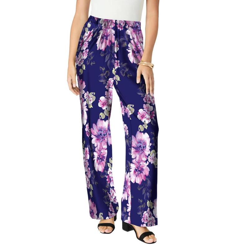 ロアマンズ レディース ボトムス カジュアルパンツ プラスサイズ Roaman's Women's Plusize Ultrasmooth Fabric Wide-Leg Pant Navy Purple Floral ネイビー