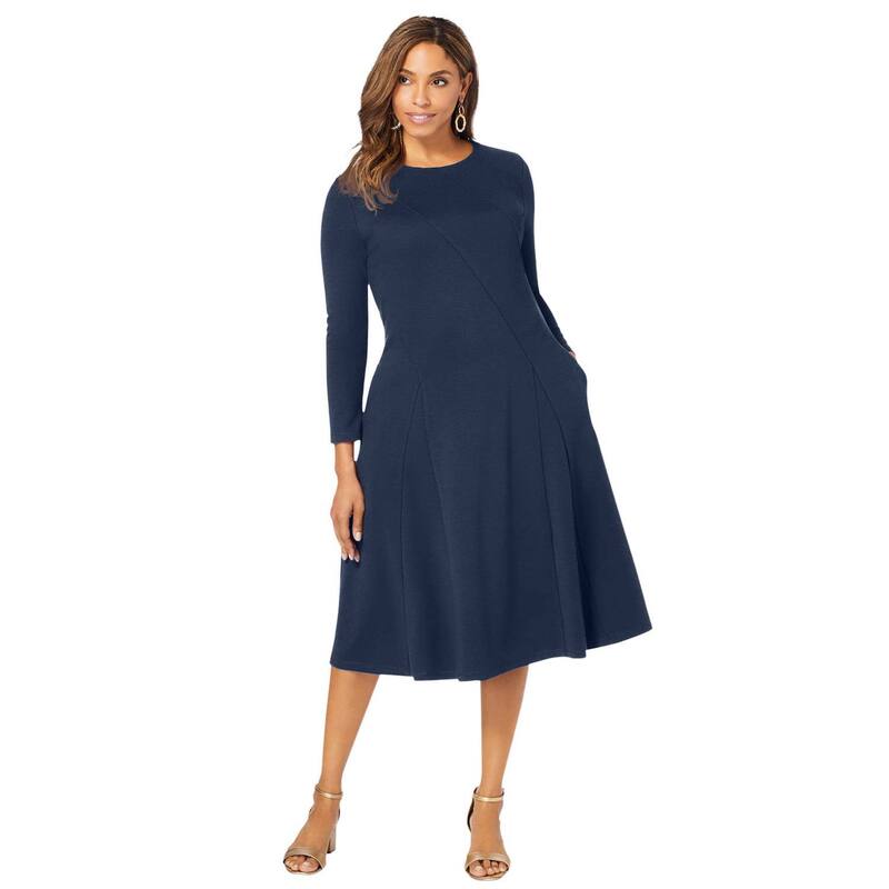ジェシカロンドン レディース トップス ワンピース プラスサイズ Jessica London Women's Plusize Long Sleeve Stretch Ponte Dress Navy ネイビー｜ReVida 店
