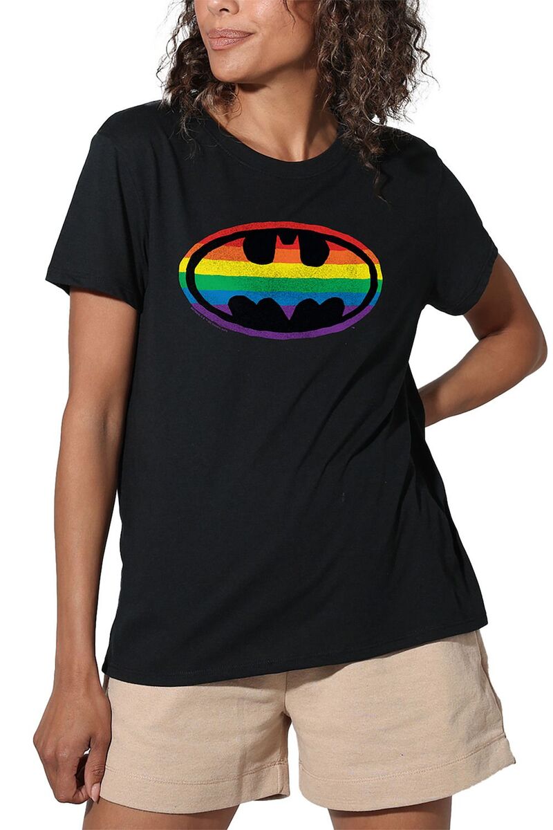 アニメキャラクター レディース トップス Tシャツ ロゴ グラフィック Licensed Character Juniors' DComics Batman Rainbow Logo Graphic Tee Black ブラック