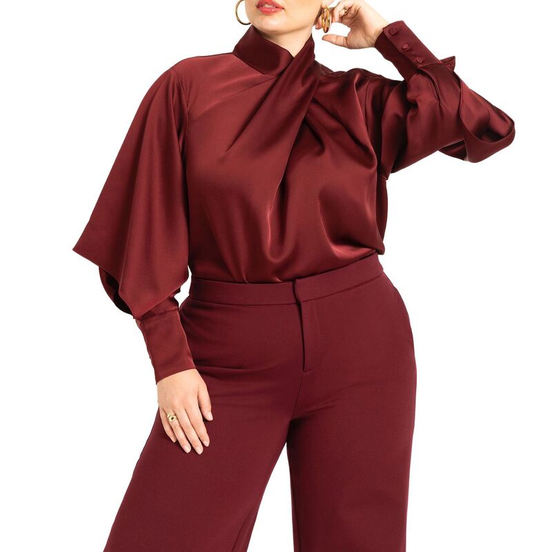エロクイ レディース トップス シャツ ドレープラスサイズ サテン ブラウス ELOQUII Women's Plusize Draped Neck Satin Blouse Zinfandel｜ReVida 店