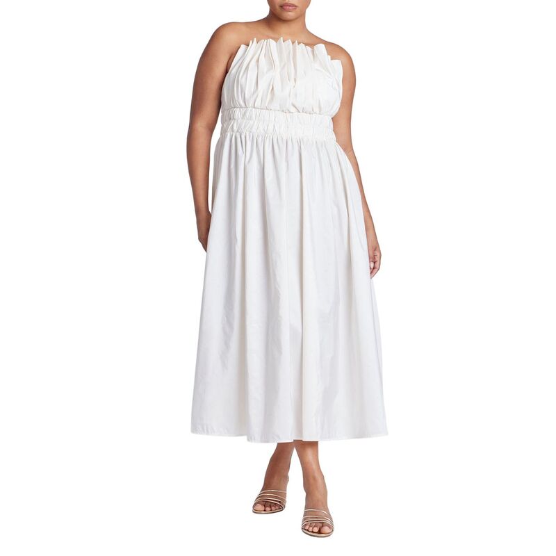 エロクイ レディース トップス ワンピース プラスサイズ プリーツ フリル ミディ ELOQUII Women's Plusize Pleated Ruffle Neckline Midi Dress Neutral Cream クリーム