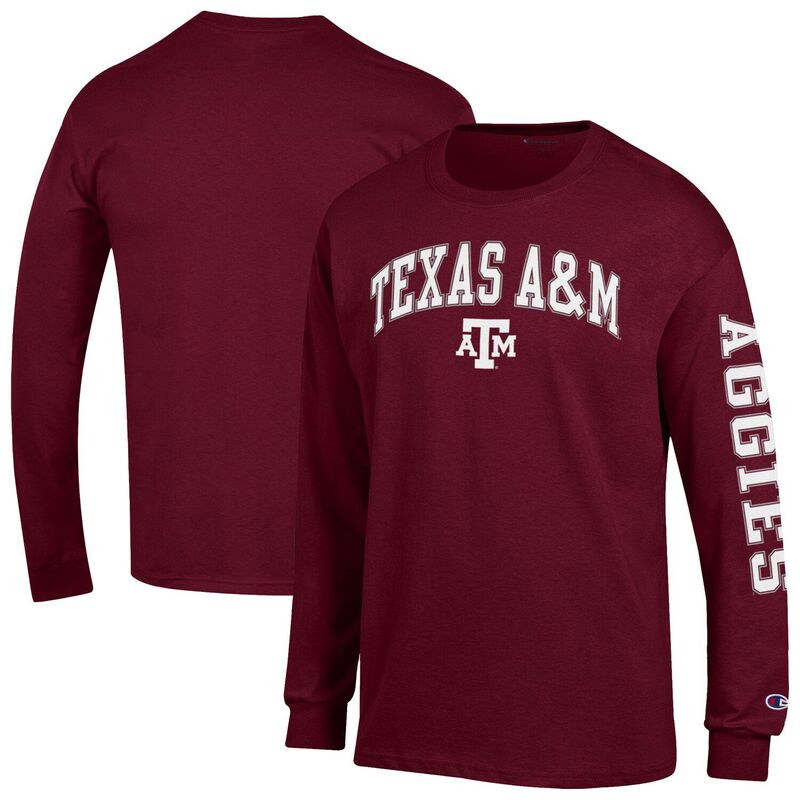 チャンピオン メンズ トップス Tシャツ ロゴ Men's Champion Maroon Texas A&M Aggies Arch Over Logo 2-Hit Long Sleeve T-Shirtam Red レッド｜ReVida 店