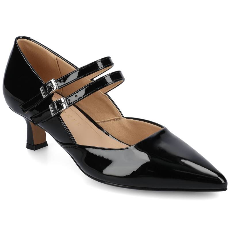 ジャーニー レディース シューズ パンプス ヒール Journee Carnation Medium and Wide Width Women's Kitten Heel Mary Jane Pointed Toe Buckle Detail Comfort Pumps Patent Black ブラック