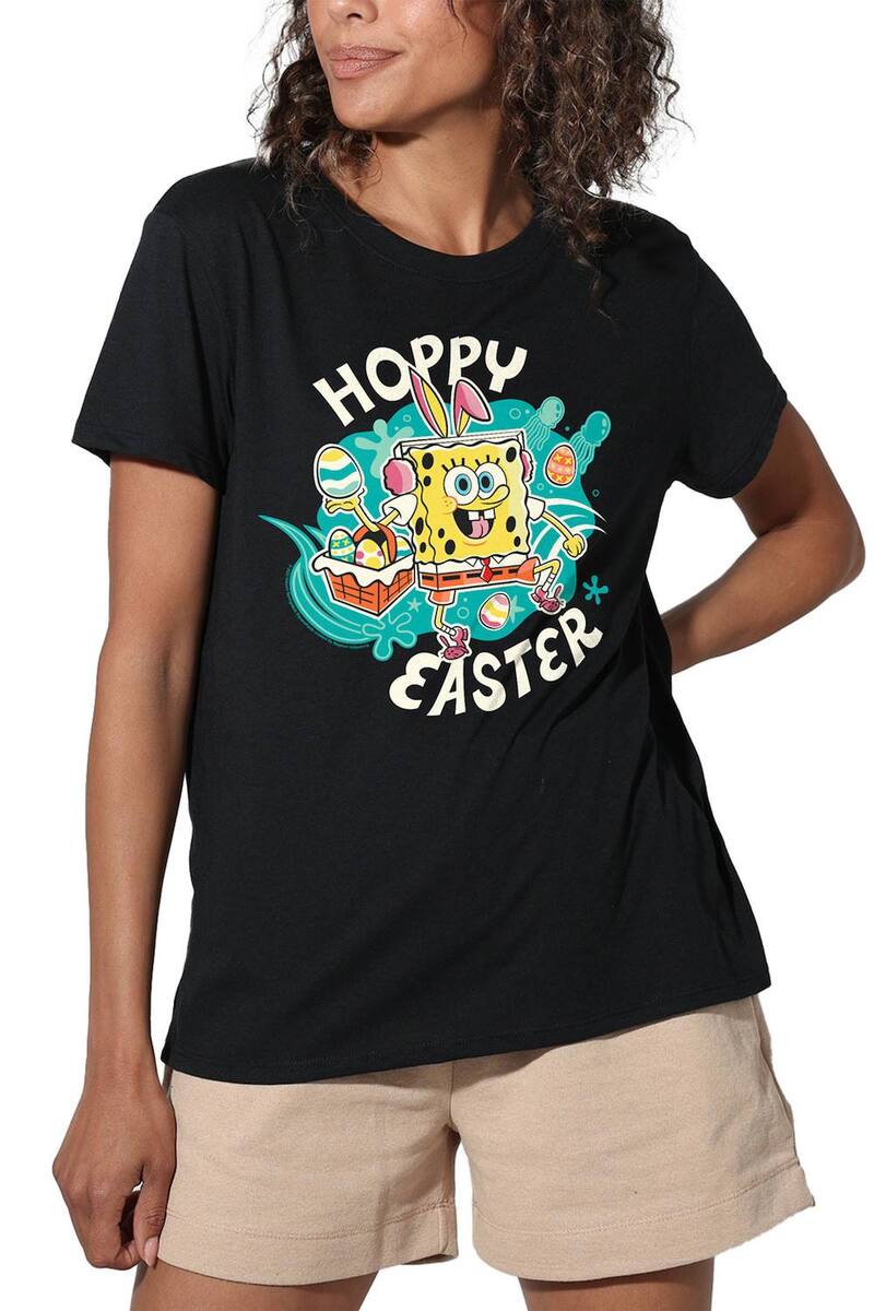 アニメキャラクター レディース トップス Tシャツ グラフィック Licensed Character Juniors' Spongebob Hoppy Easter Graphic Loose Tee Black ブラック