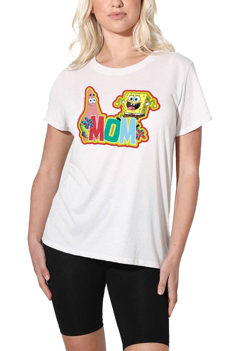 アニメキャラクター レディース トップス Tシャツ パンツ グラフィック Licensed Character Women'spongeBob SquarePants & Patrick Mom Graphic Loose Fit Graphic Tee White ホワイト