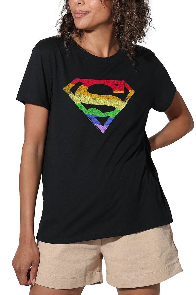 アニメキャラクター レディース トップス Tシャツ ロゴ グラフィック Licensed Character Juniors' DComicsuperman Rough Rainbow Logo Graphic Tee Black ブラック