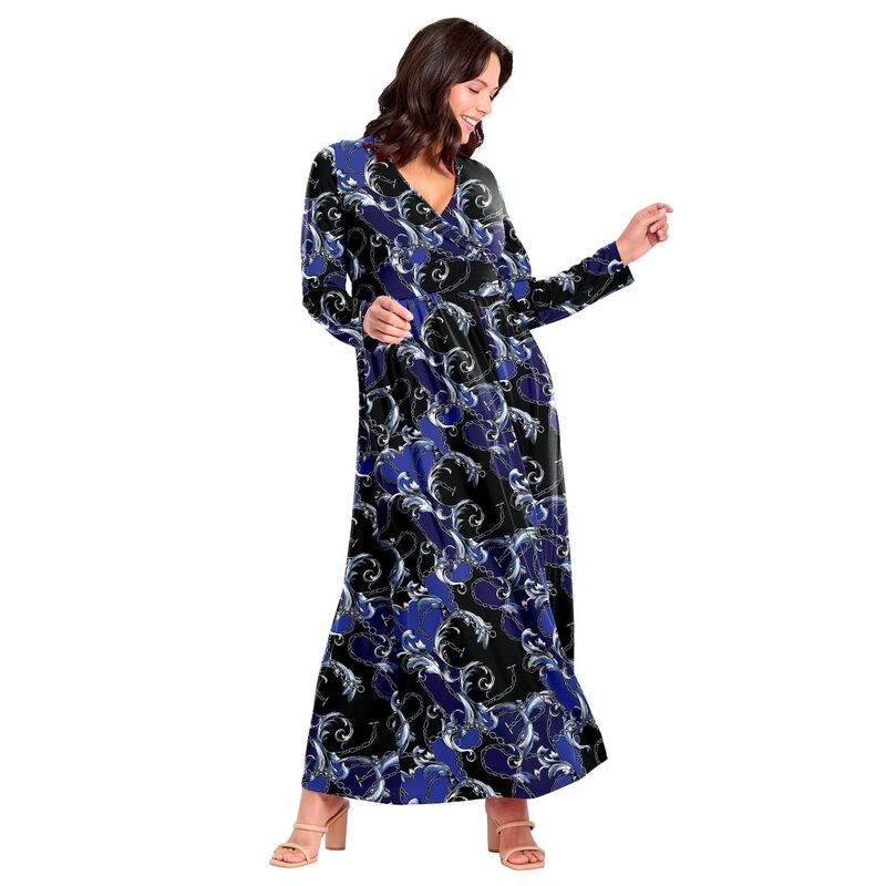 アベニュー レディース トップス 衣装 つけ加える大きさ マキシ Avenue Women\u0027s Plusize Faux Wrap Flare Maxi Dress Blue Chain Scroll 青み