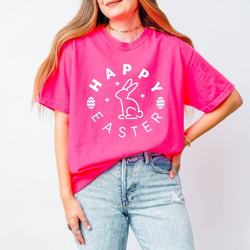 Simply Sage Market レディース トップス ティーシャツ Simply Sage Market Happy Easter Eggs Garment Dyed Tee Neon Pink サクラ色 Tシャツ・カットソー-レディースファッション