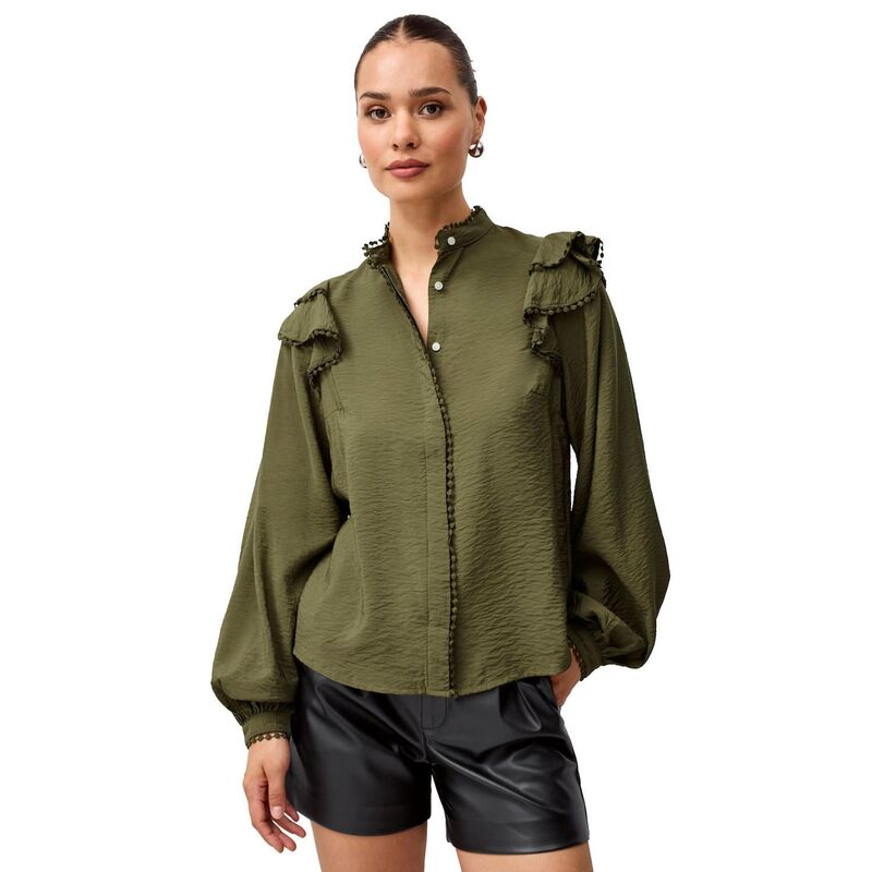 Ellos レディース トップス シャツ プラスサイズ フリル ブラウス ellos Plusize Ruffle Shoulder Blouse With Flat Pom Trim Burnt Olive オリーブ