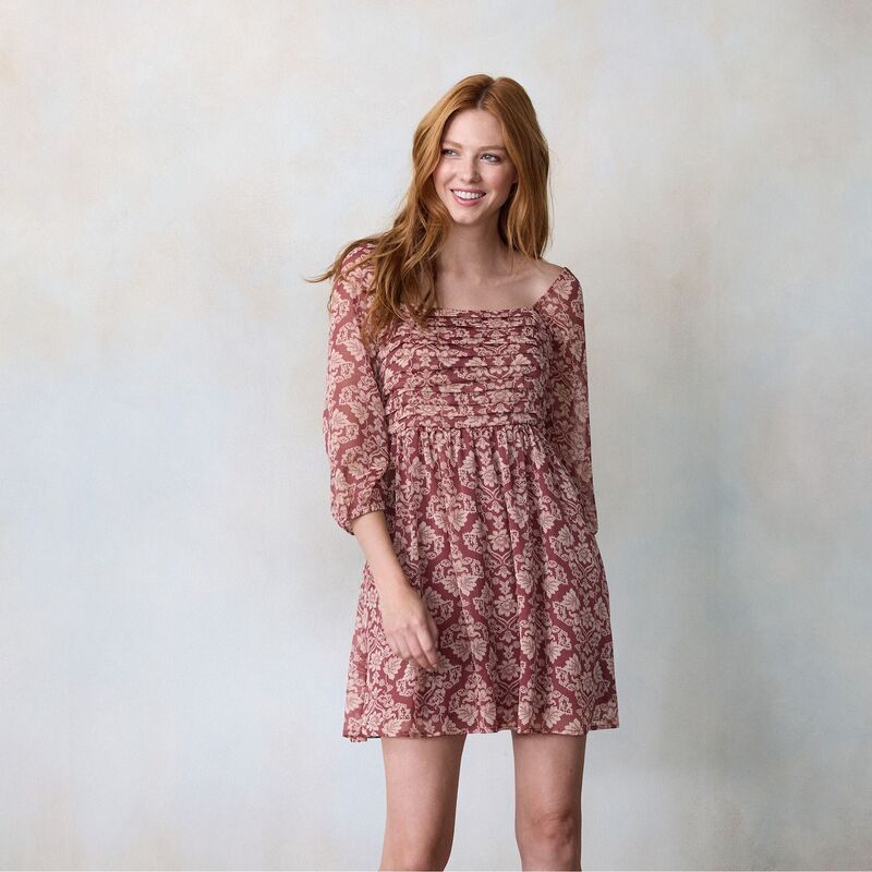 LC Lauren Conrad レディース トップス ワンピース プチ プリーツ ミニ Petite LC Lauren Conrad Pleated Bodice Blouson Sleeve Mini Dress Mauve Wilma Wallpaper