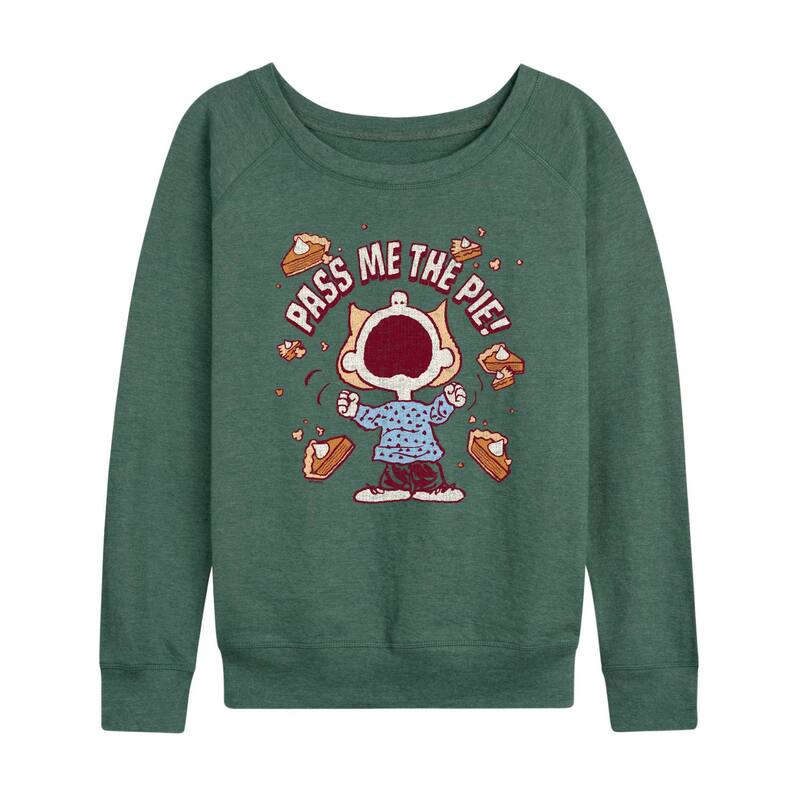 アニメキャラクター レディース トップス Tシャツ パイル Licensed Character Women's Peanutsally Pass Me The Pie! French Terry Long Sleeve Tee Heather Juniper ヘザー