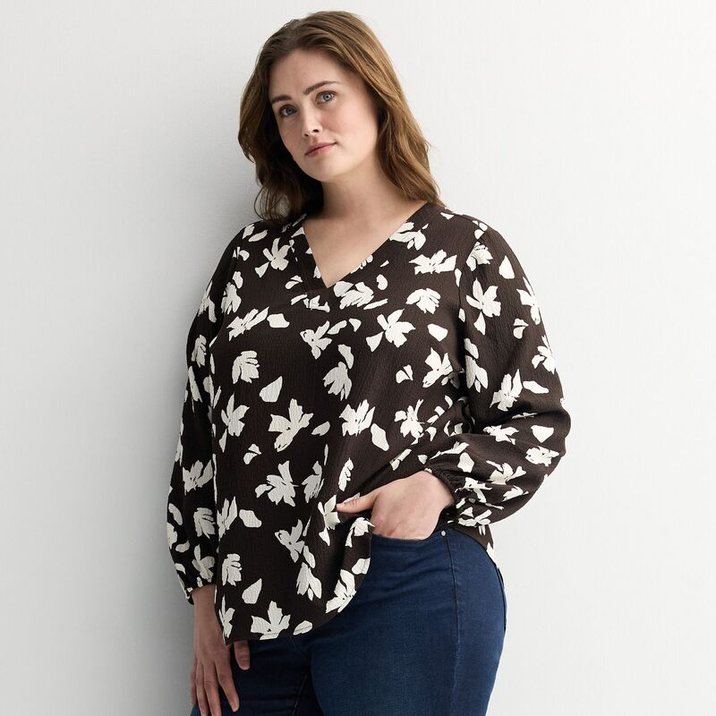 ナインウェスト レディース トップス シャツ Vネック プラスサイズ Plusize Nine West Long Bishop Sleeve V-Neck Tunic Brown Kelly Blooms ブラウン