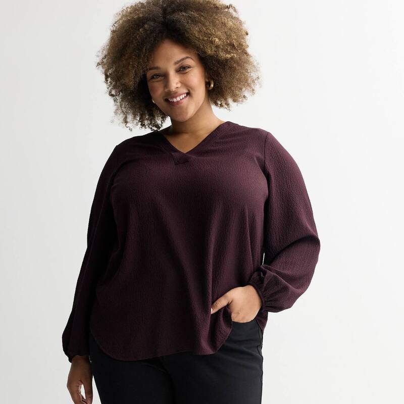 ナインウェスト レディース トップス シャツ Vネック プラスサイズ Plusize Nine West Long Bishop Sleeve V-Neck Tunic Midnight Grape グレープ