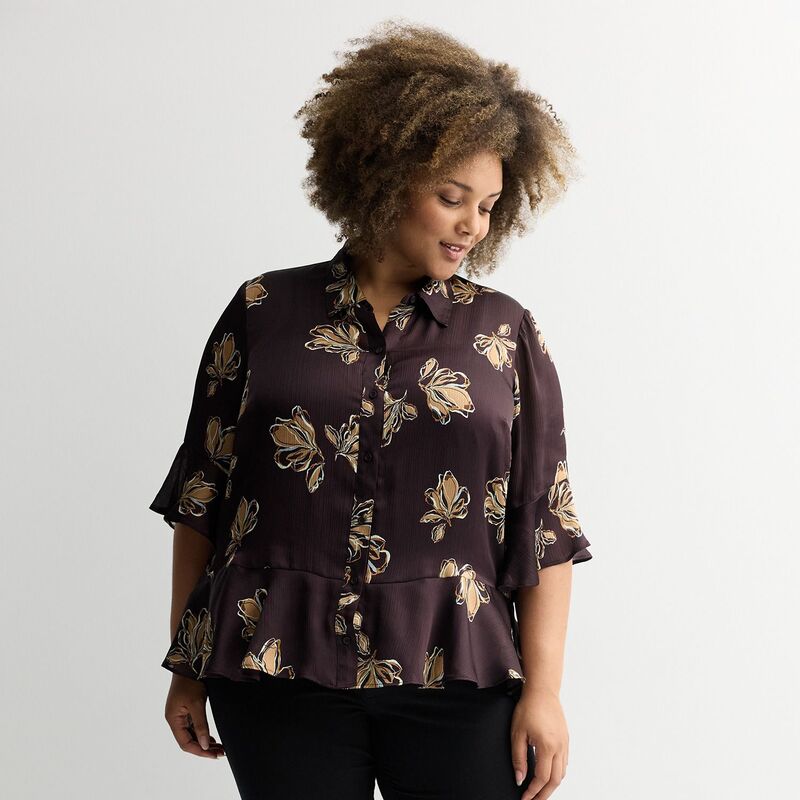 ナインウェスト レディース トップス シャツ フリル裾 プラスサイズ フリル ブラウス Plusize Nine West Ruffle Hem 3/4 Bell Sleeve Button Blouse Wine Luana Floral ワイン