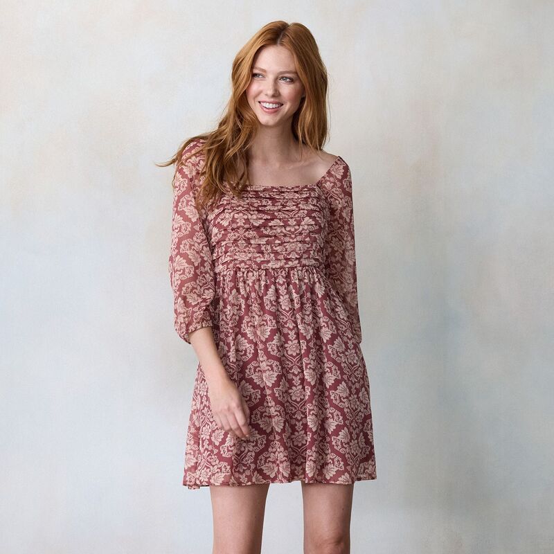 LC Lauren Conrad レディース トップス ワンピース プリーツ ミニ Women's LC Lauren Conrad Pleated Bodice Blouson Sleeve Mini Dress Mauve Wilma Wallpaper