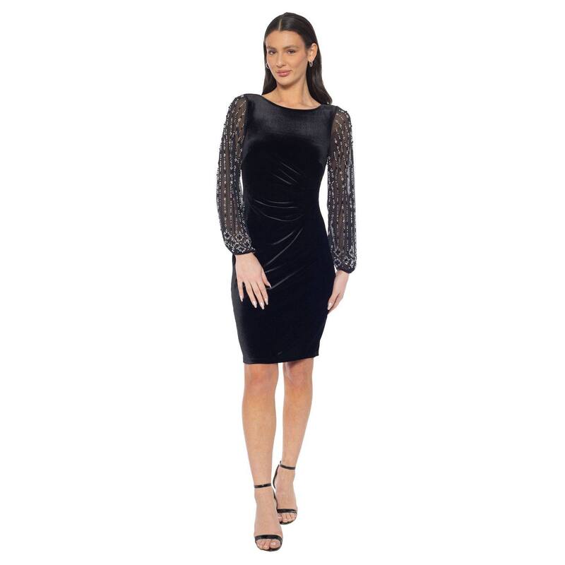 マリナ レディース トップス 衣装 筋目 Women\u0027s Marina Beaded Sleeve Pleated Side Dress Black 黒いこと