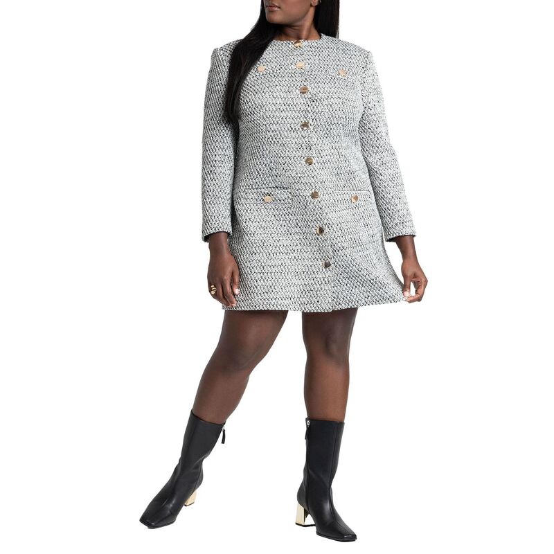 エロクイ レディース トップス ワンピース プラスサイズ ミニ ツイード ELOQUII Women's Plusize Tweed Long Sleeve Mini Dress Black White ホワイト