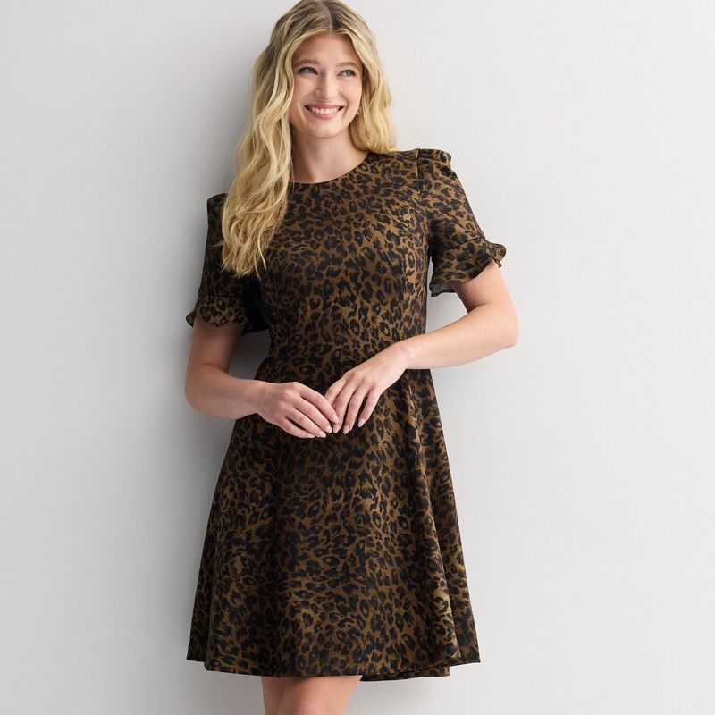 アンドリューマーク レディース トップス ワンピース Women's Andrew Marc Flutter Sleeve Fit & Flare Dress Leopard アニマル|ReVida 店