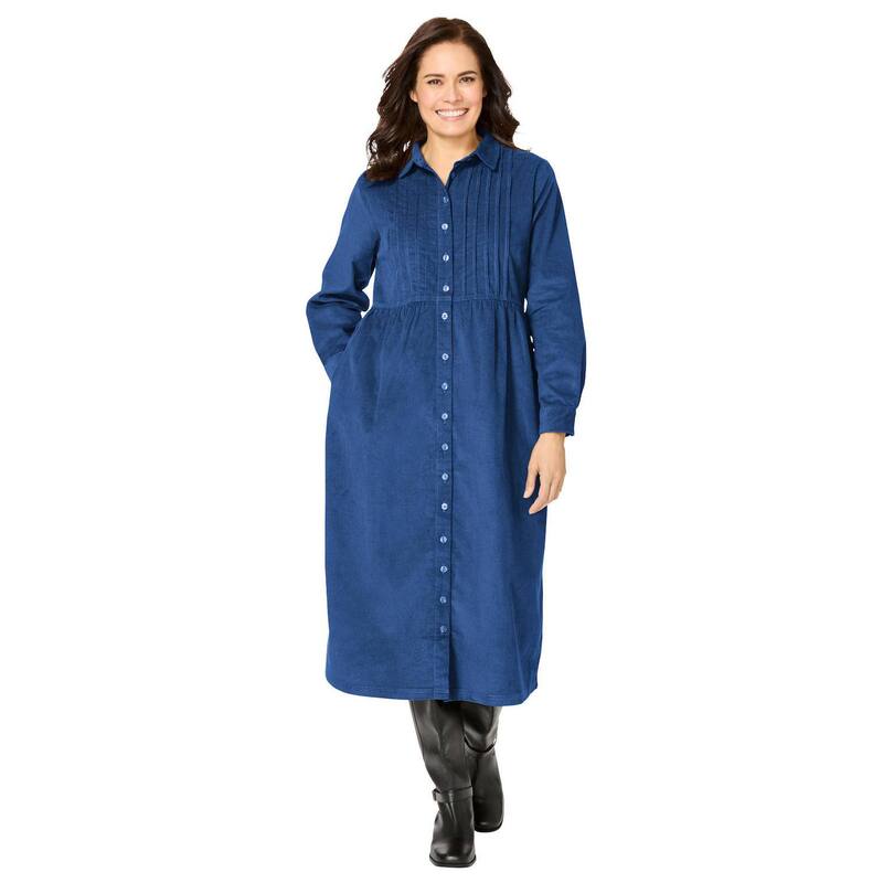 ウーマン ウィズイン レディース トップス ワンピース コーデュロイ プラスサイズ プチ Woman Within Plusize Petite Button Front Corduroy Dress Royal Navy ネイビー|ReVida 店