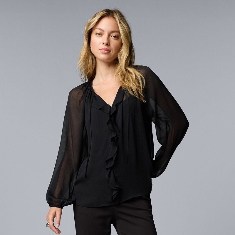 ヴェラウォン レディース トップス シャツ フリル ブラウス Women'simply Vera Wang Ruffled Long Sleeve Blouse Black ブラック