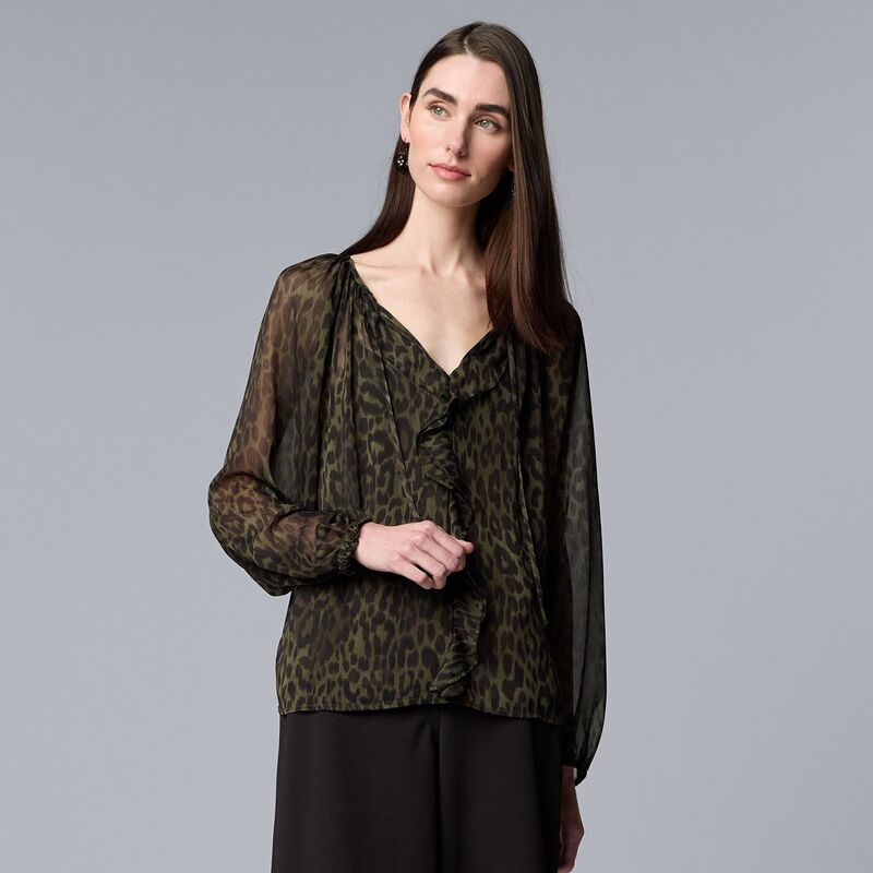 ヴェラウォン レディース トップス シャツ フリル ブラウス Women'simply Vera Wang Ruffled Long Sleeve Blouse Green Leopard グリーン