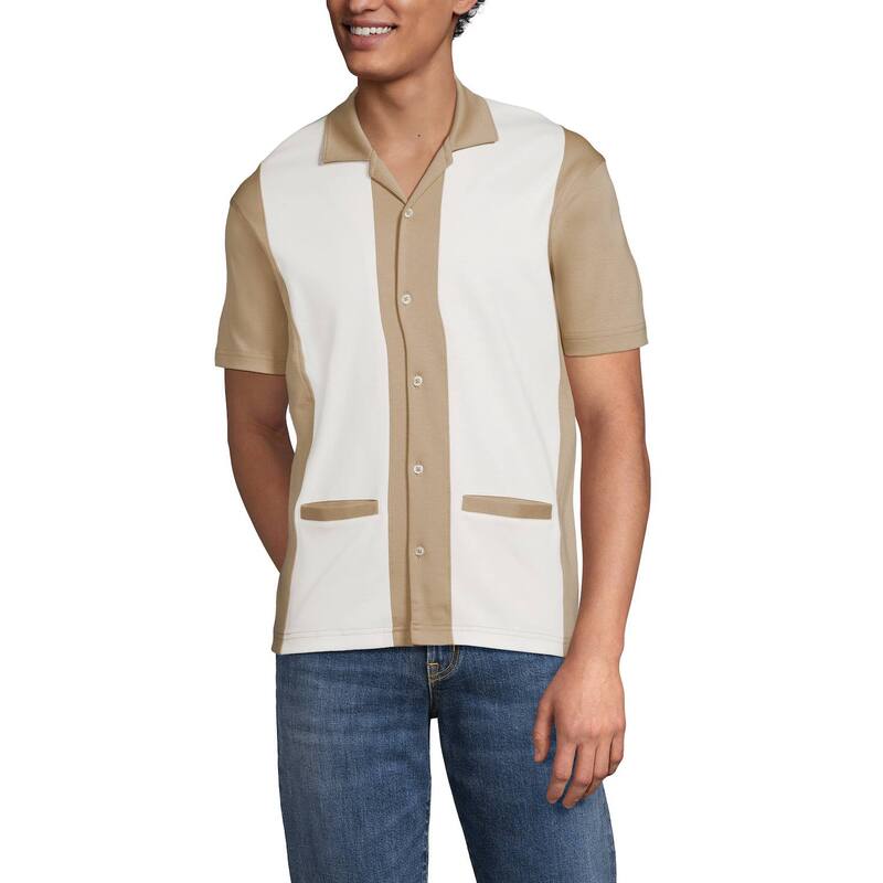 ランズエンド メンズ トップス Tシャツ Men's Lands' End Short Sleeve Supima Retro Camp Collar Button-Through Shirt Desertan タン