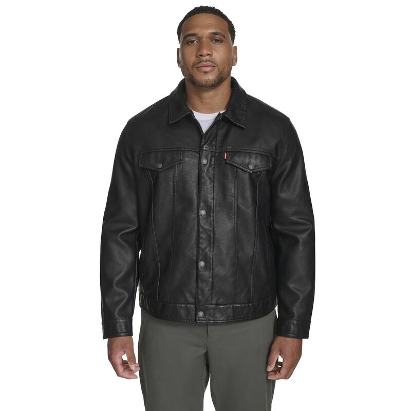 リーバイス メンズ アウター ジャケット・ブルゾン トール ダウン レザー フェイクレザー Big \u0026 Tallevi Faux Leather Laydown Collar Trucker Jacket Black ブラック