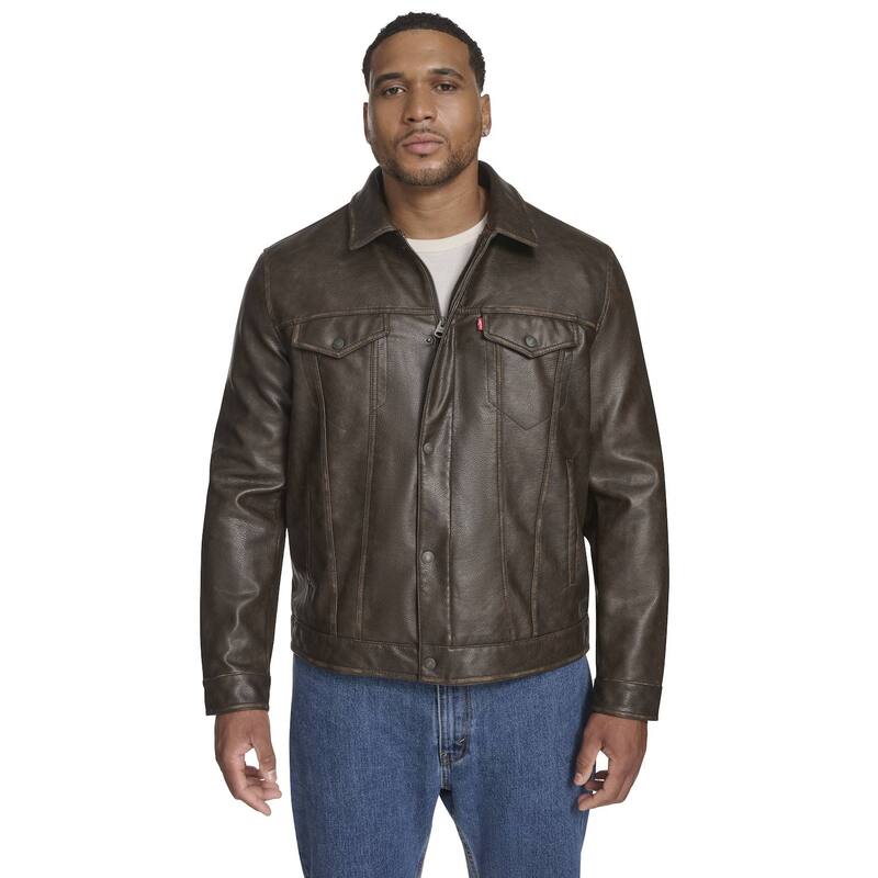 リーバイス メンズ アウター ジャケット・ブルゾン トール ダウン レザー フェイクレザー Big \u0026 Tallevi Faux Leather Laydown Collar Trucker Jacket Brown ブラウン